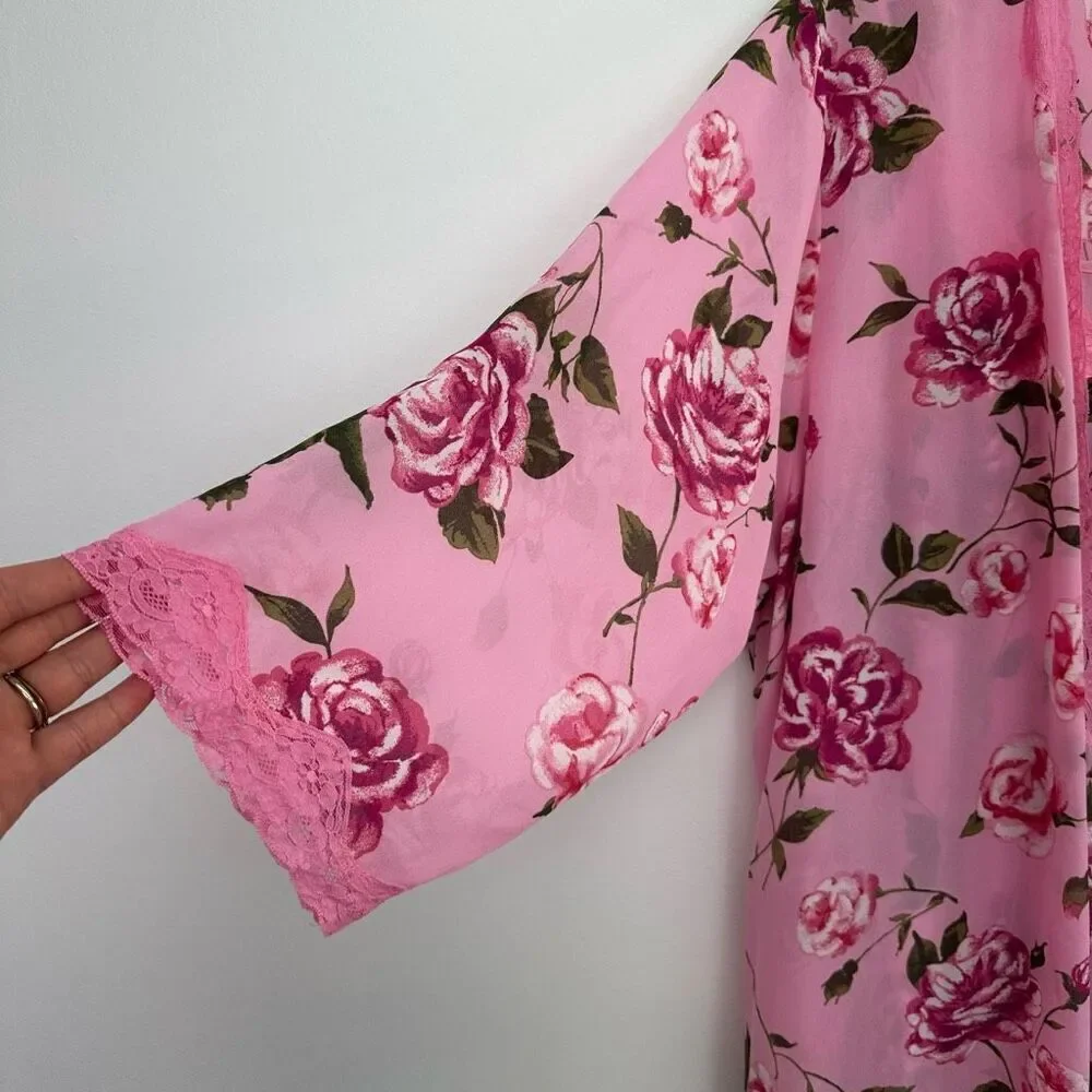 Woman Within Vintage Y2K 2 Piece Rose Printed Pink Lace Trim Slip Dress Robe Int
